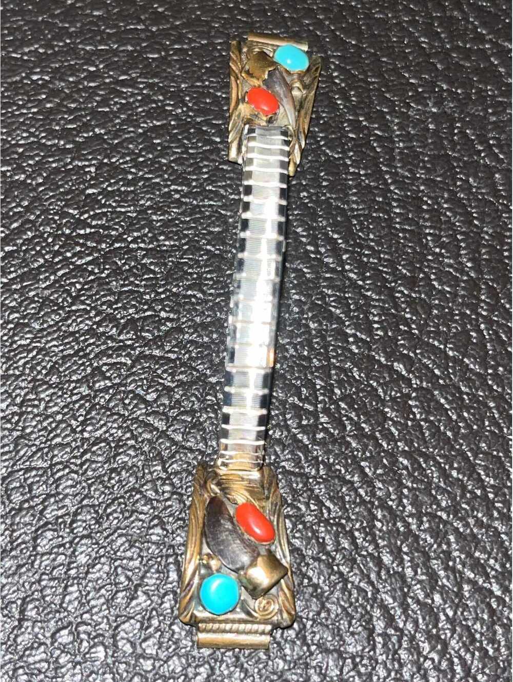 Navajo handmade inlay turquoise coral badger watch tips sterling silver